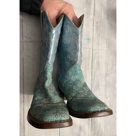 Blue Glitter Roper Cowboy Cowgirl Little Girl Boots, Size Youth 13 - Picture 2 of 6